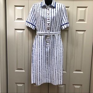 VTG Don Elliot Sport Dress White Blue Bamboo Stripes Pockets Buttons Belt Sz 10